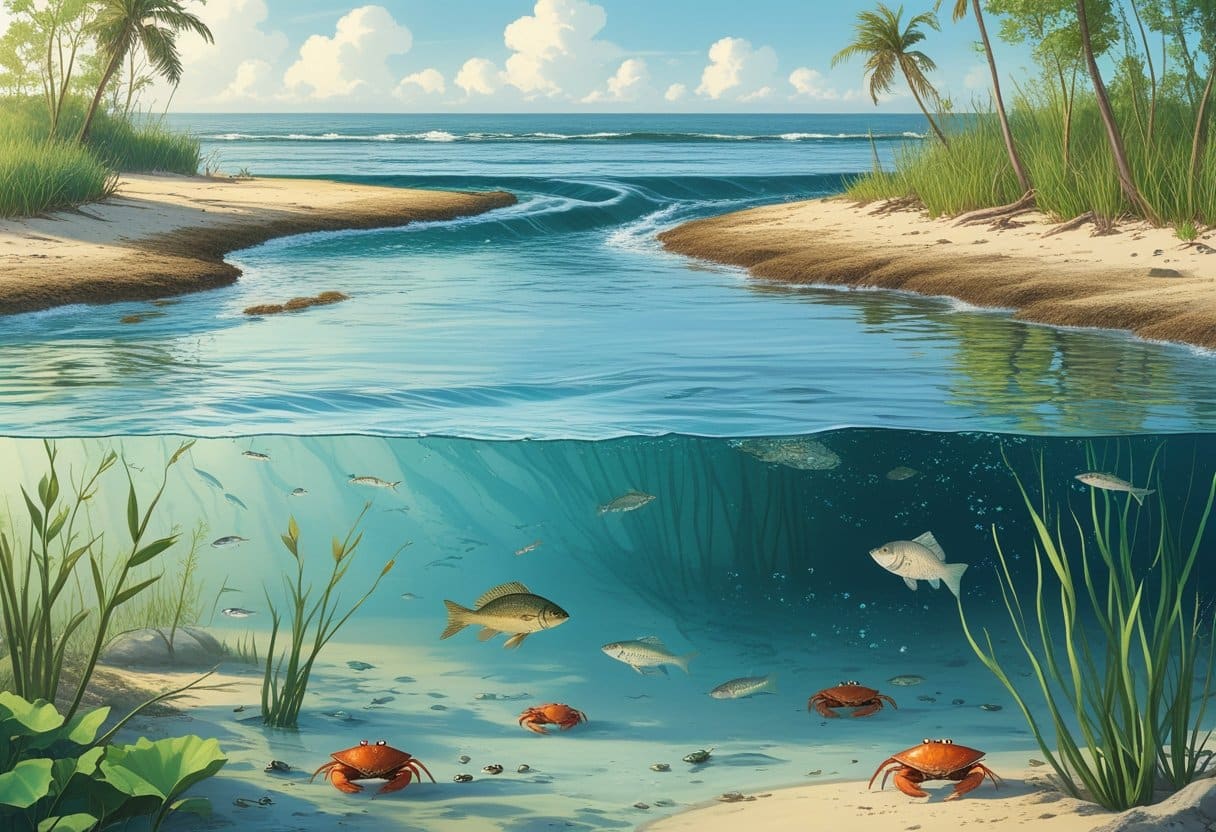 A coastal estuary where fresh river water mixes with salty ocean water, showing plants and animals living in the brackish water environment.